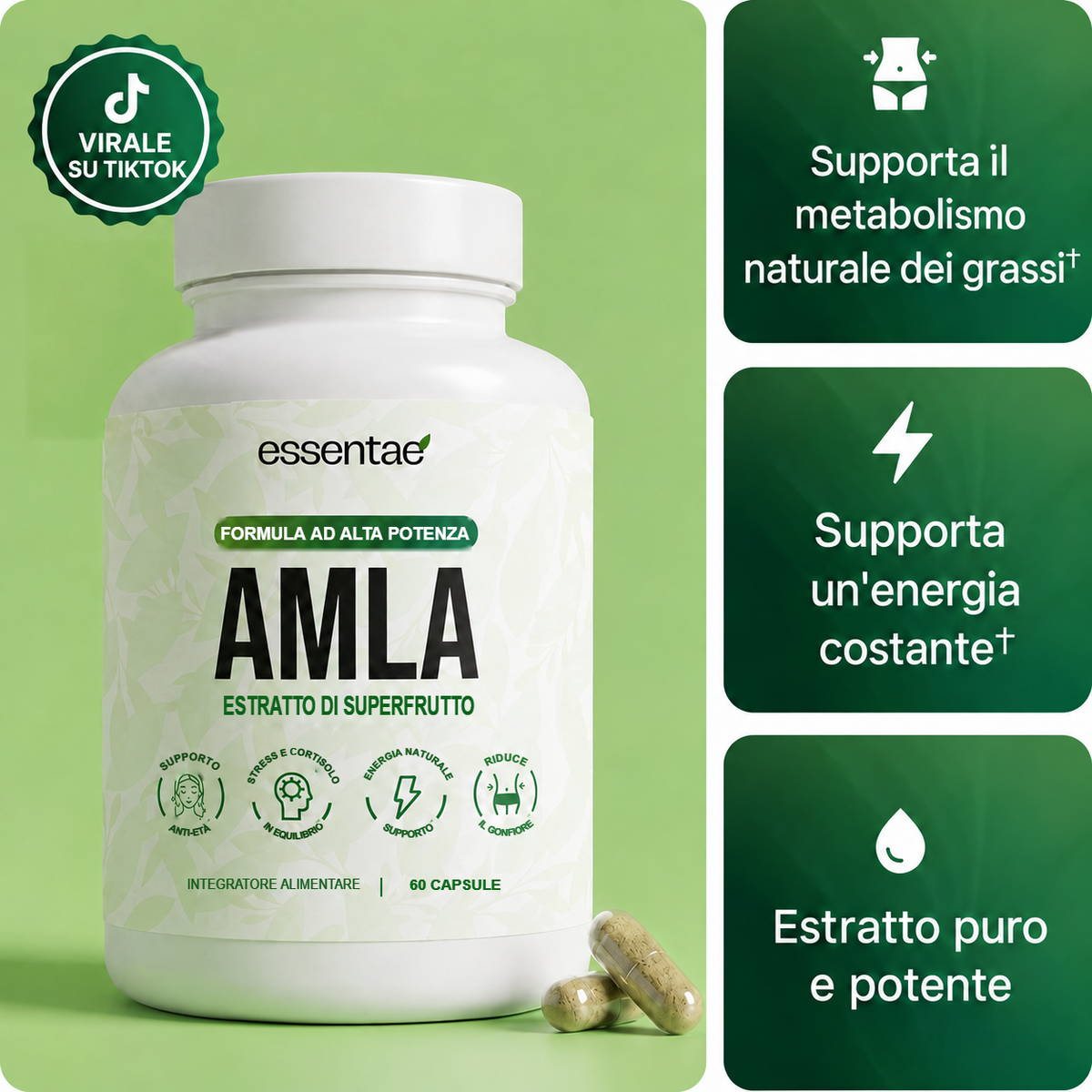 Confezione di Amla con tre benefici illustrati.