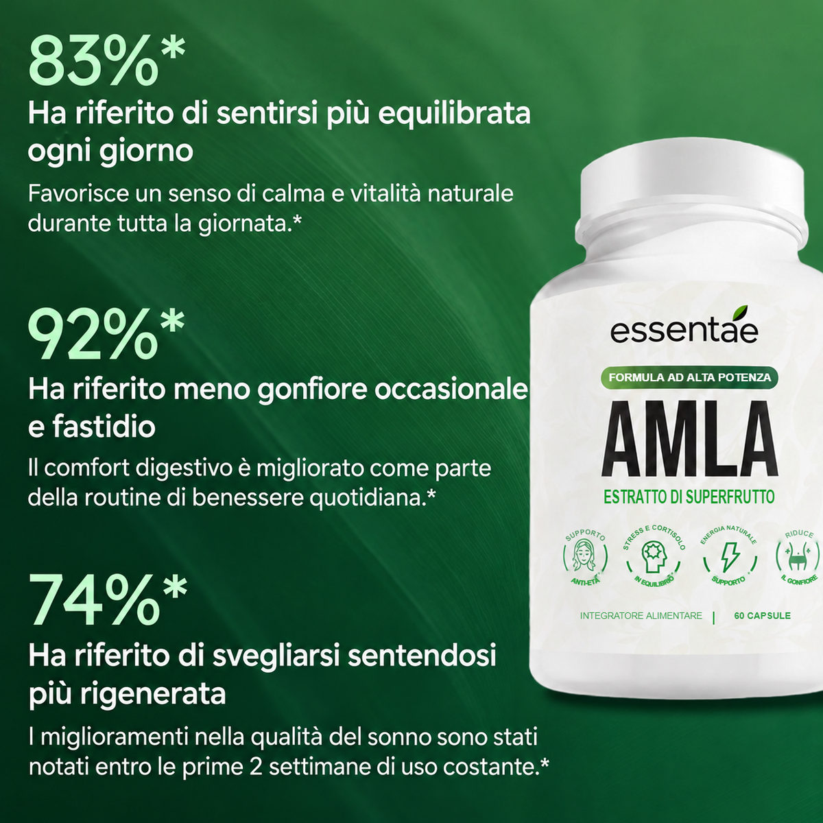 Risultati riportati e confezione di Amla.