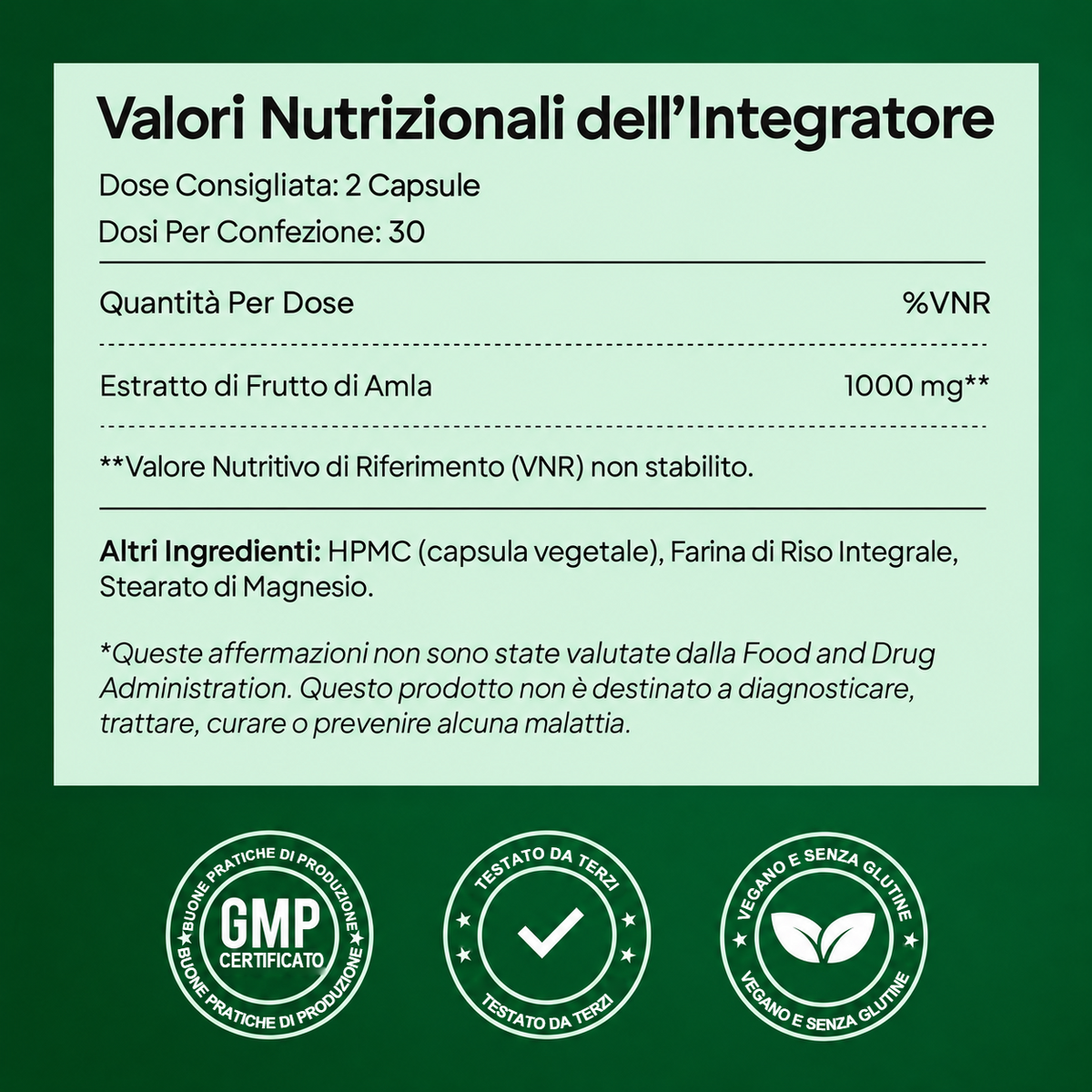 Tabella degli ingredienti di Amla e simboli di certificazione.