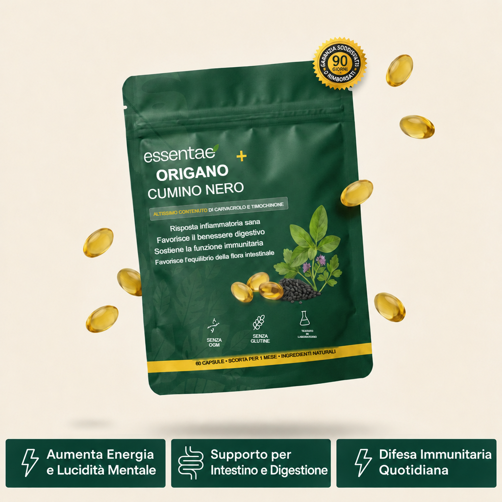 Confezione di origano e cumino nero con capsule e ingredienti illustrati.