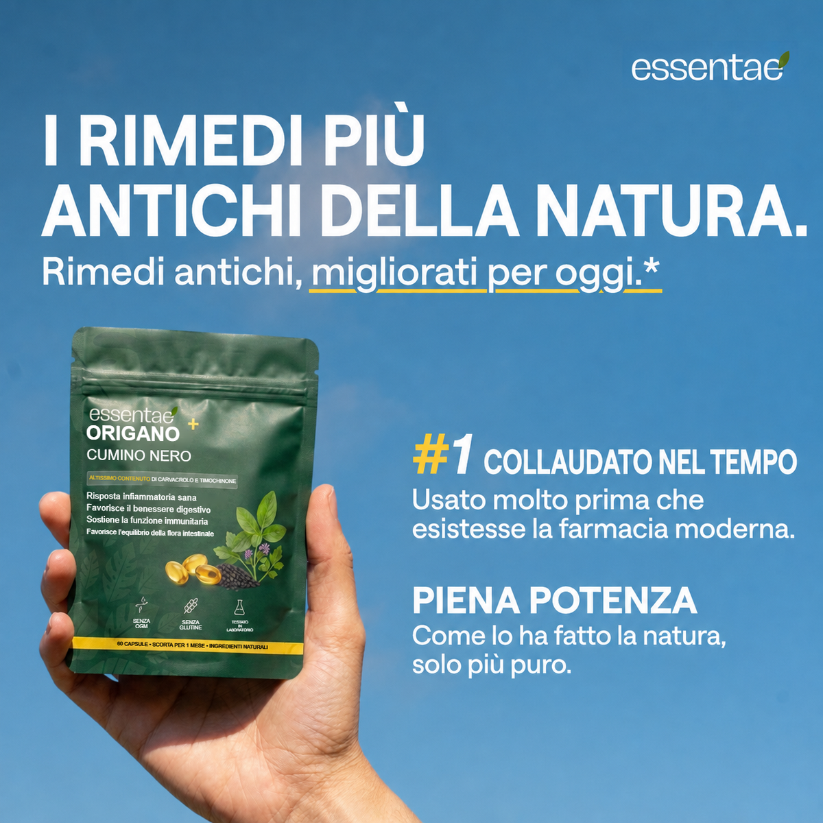 Confezione di origano e cumino nero tenuta in mano.