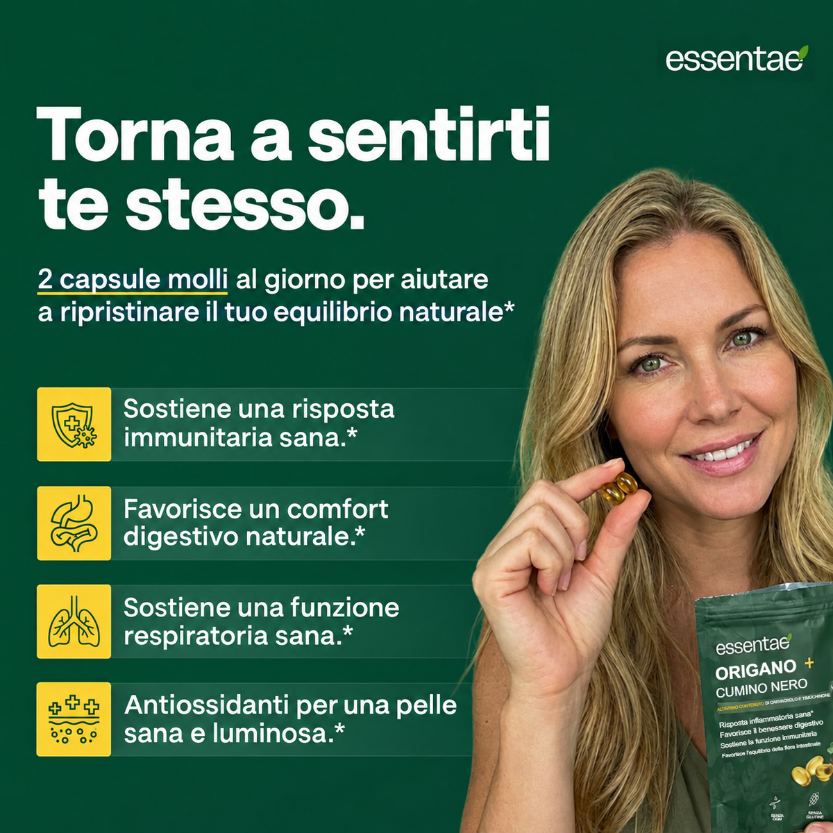 Donna con due capsule e una confezione di origano e cumino nero.
