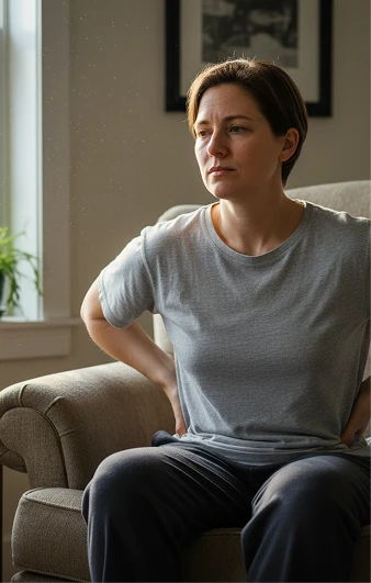 Donna seduta su un divano con le mani sulla parte bassa della schiena.